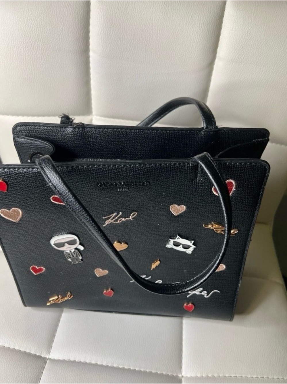Karl Lagerfeld Black Tote with Heart & Character Accents